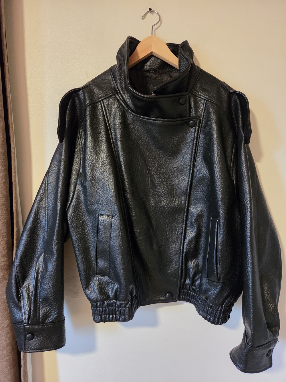 Zara Black Pebbled Leather High-Collar Moto Jacket